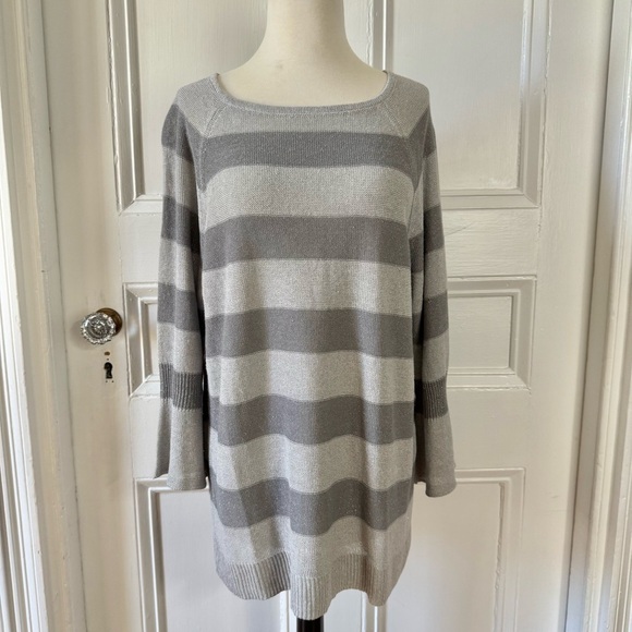 NWT J Jill Zinc & Smoke Linen Blend Gray Striped 3/4 Bell Sleeve Sweater Large - Picture 3 of 14